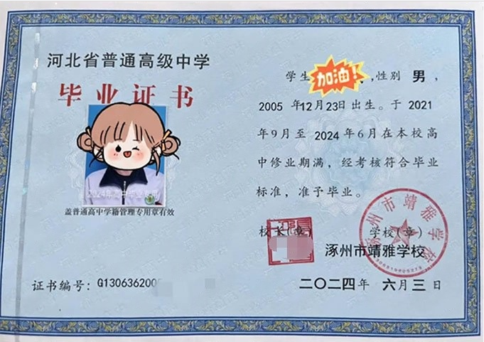 河北涿州市靖雅学校高中毕业证样本图片